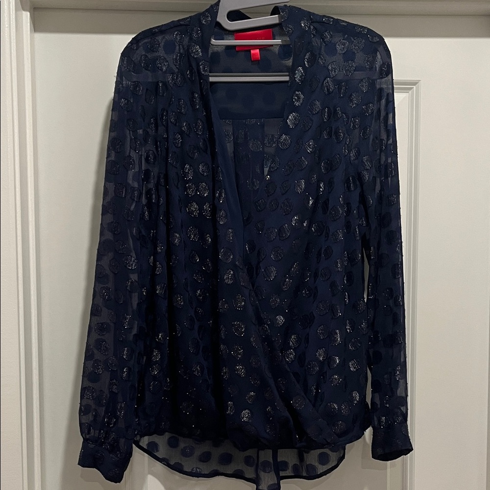 Jennifer Lopez Navy Sheer Blouse with Glitter Accents 19” P2P